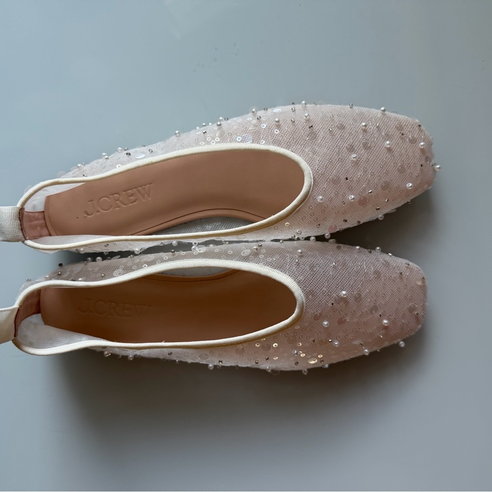 J. Crew White Pearl-Embellished Quinn Ballet Flats